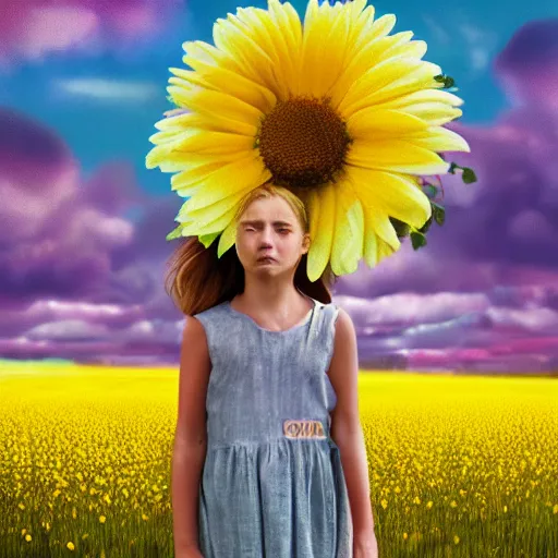 Image similar to giant daisy flower head, portrait of girl in flower field, holding daisy, surreal photography, sunrise, impressionist painting, colorful clouds, digital painting, artstation, simon stalenhag, flower face