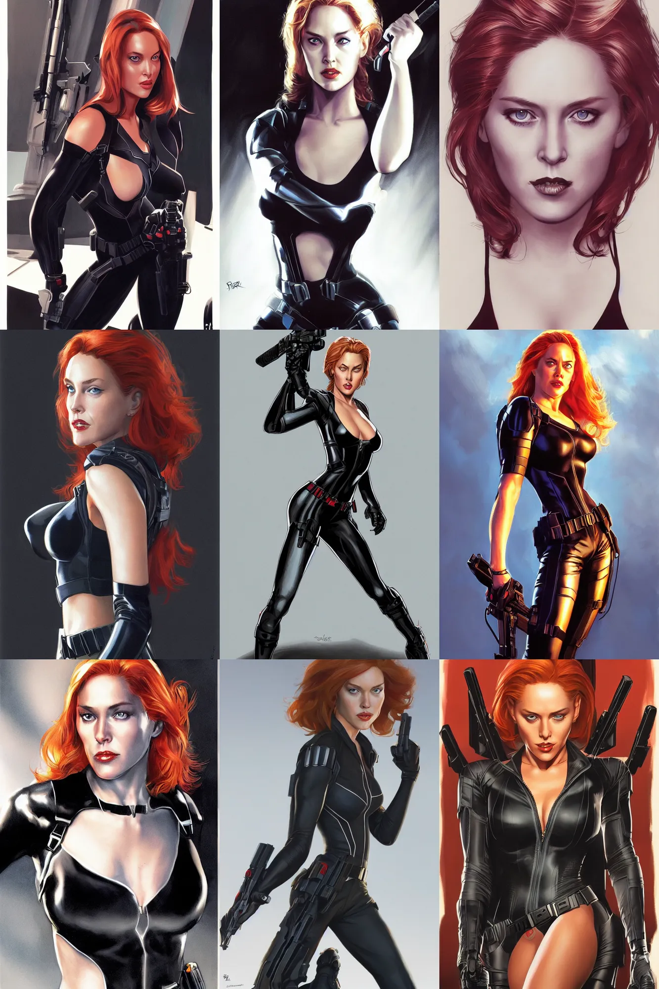 Prompt: young sharon stone as black widow, 2 2 years old by rob rey and jesper ejsing, artstation, above lighting, long shadows