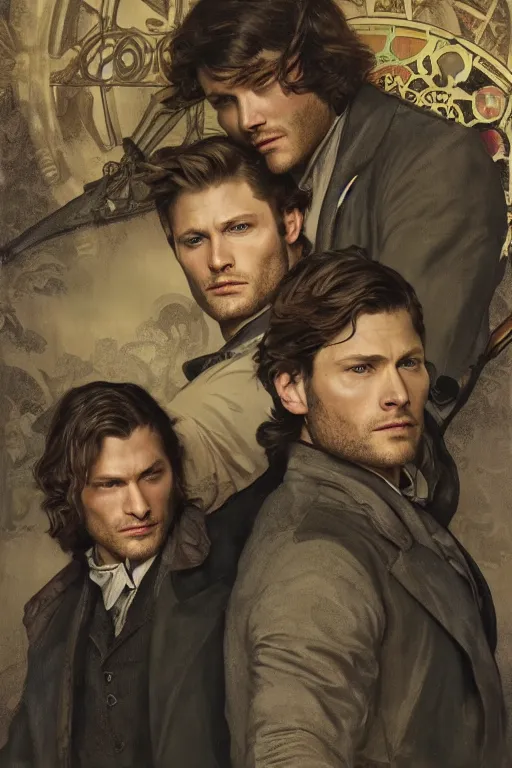 Image similar to a detailed matte portrait of jensen ackles and jared padalecki in a supernatural sherlock holmes story, masterpiece, 8 k, art by alphonse mucha and greg rutkowski