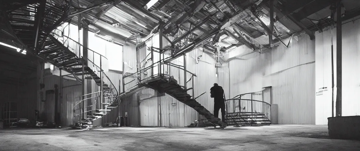 Prompt: frank ocean building a spiral staircase in the centre of the room, inside of a warehouse, greyscale,