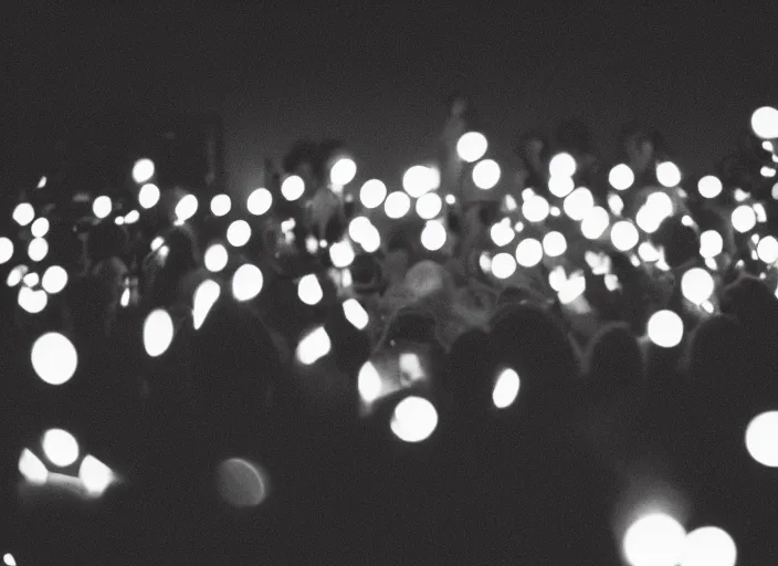 Image similar to a 2 8 mm macro photo from the back of a crowd at a rnightclub in silhouette in the 1 9 7 0 s, bokeh, canon 5 0 mm, cinematic lighting, dramatic, film, photography, golden hour, depth of field, award - winning, 3 5 mm film grain