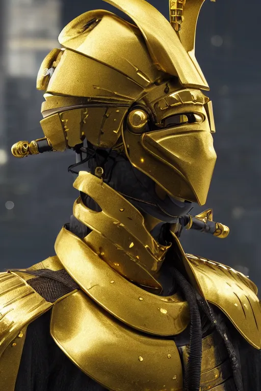 Image similar to hyperrealistic cyberpunk samurai character, gold warrior helmet, gold armour, ultradetailed, volumetric lighting, depth of field, 4k UHD.