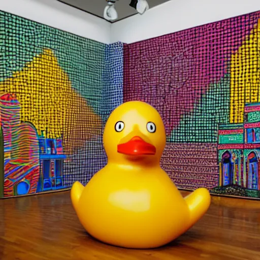 Prompt: one photorealistic rubber duck in foreground on a pedestal in an art gallery, the walls are covered with colorful geometric wall paintings in the style of sol lewitt, tall arched stone doorways.