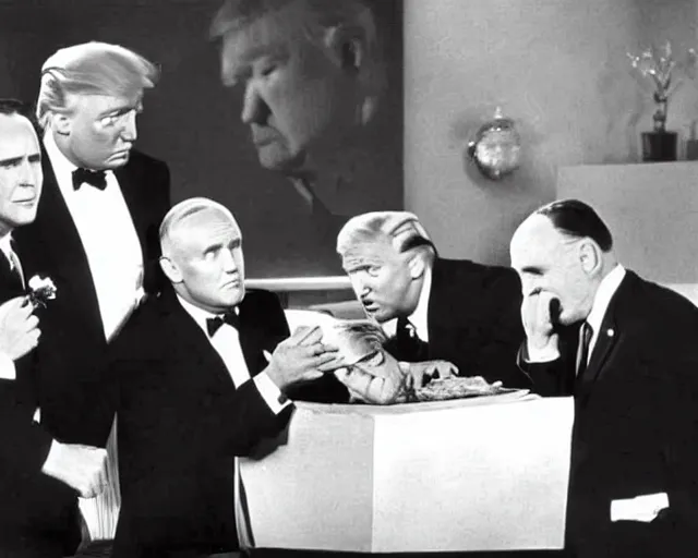 Prompt: tv still of the three stooges 1 9 5 9 with donald trump and mike pence and rudy giuliani