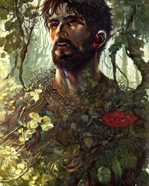 Image similar to god of the forest, 3 0 years old, rugged, male, gorgeous, detailed face, vines. forest, trees, flowers, amazing, muscular, intricate, highly detailed, digital painting, artstation, concept art, sharp focus, illustration, art by greg rutkowski and alphonse mucha