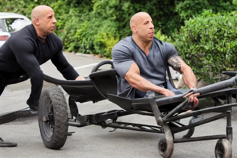 Image similar to Vin Diesel driving a wheelbarrow