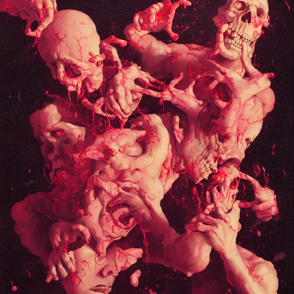 Image similar to weird and disturbing portrait of todd solondz puking blood, skull, vivid colors, neon, art by ( ( ( kuvshinov ilya ) ) ) and wayne barlowe and francis bacon and artgerm and wlop and william - adolphe bouguereau