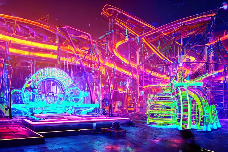 Image similar to an outdoor festival stage, big neon letters tripmachine, center of the stage is a big futuristic steampunk rollercoaster machine with a shiny steamtrain, rock musicians on the stage, laser show, 8 k, fluorescent colors, halluzinogenic, multicolored, exaggerated detailed, unreal engine