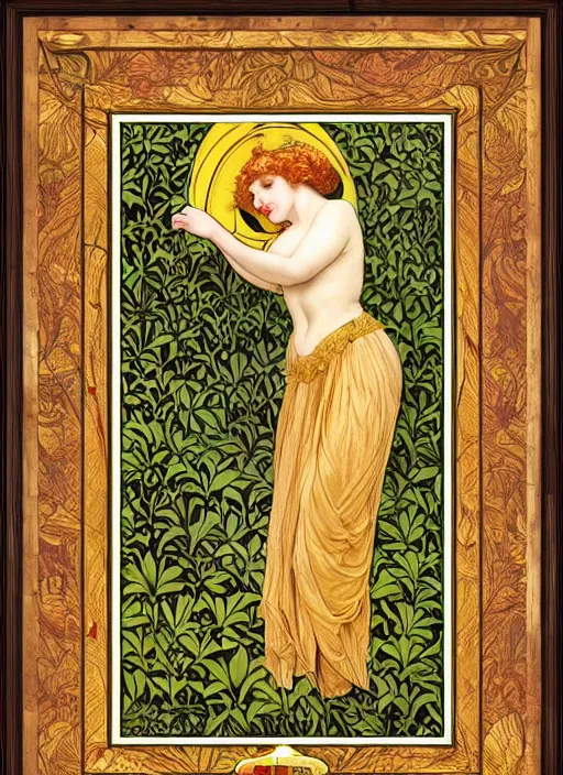 Prompt: masterpiece beautiful seductive flowing curves pinup pose preraphaelite face portrait photography, extreme close up shot, straight bangs, thick set features, yellow ochre ornate medieval dress, amongst foliage mushroom forest circle arch, william morris and kilian eng and mucha, framed, 4 k
