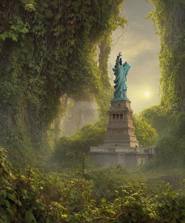 Image similar to highly detailed digital matte painting of an overgrown, abandoned, damaged Lady of Liberty, taken back by nature, vines. Full shot. By Raphael LaCoste and Ruan Jia and Robert McCall, postcyberpunk, geodesic dome, hyperdetailed, sunrise, wide shot, autochrome, octane render