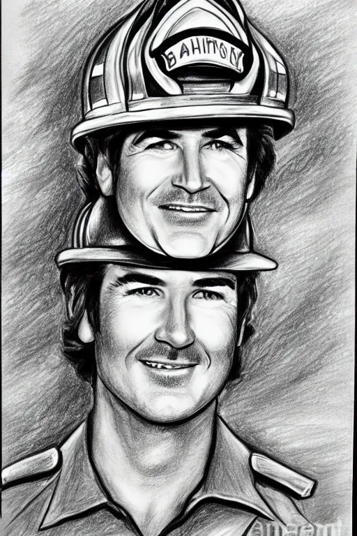 Prompt: a drawing of randy mantooth as a fire fighter by a child, bright colours, detailed