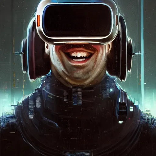 Image similar to Portrait of a man by Greg Rutkowski, symmetrical face, a marine with a helmet, using a VR Headset, Kubric Stare, crooked smile, he's wearing a tacitcal gear, highly detailed portrait, scifi, digital painting, artstation, book cover, cyberpunk, concept art, smooth, sharp foccus ilustration, Artstation HQ