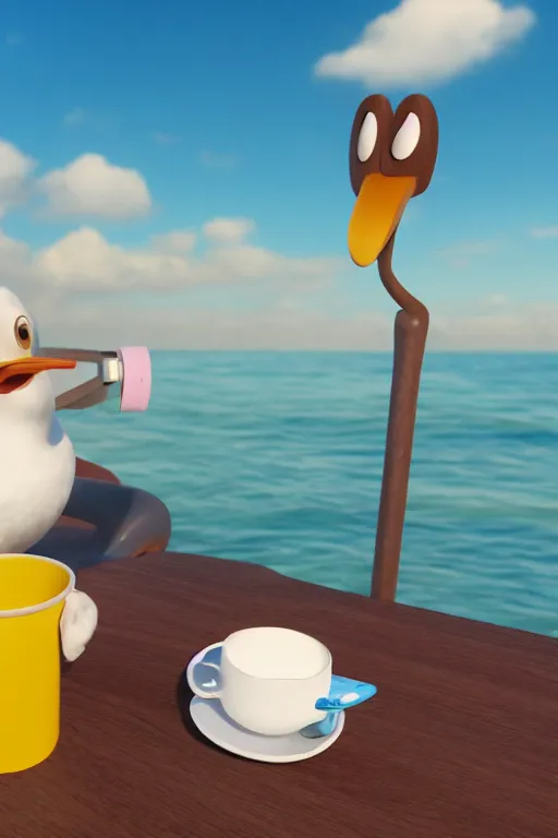 Image similar to Seagull Pixar character drinking a cup of coffee in the beach, Up movie style, 3d render