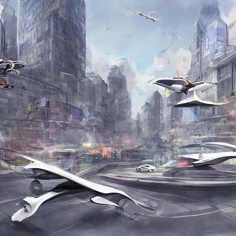 Image similar to flying cars in the city some stop at stations, concept art