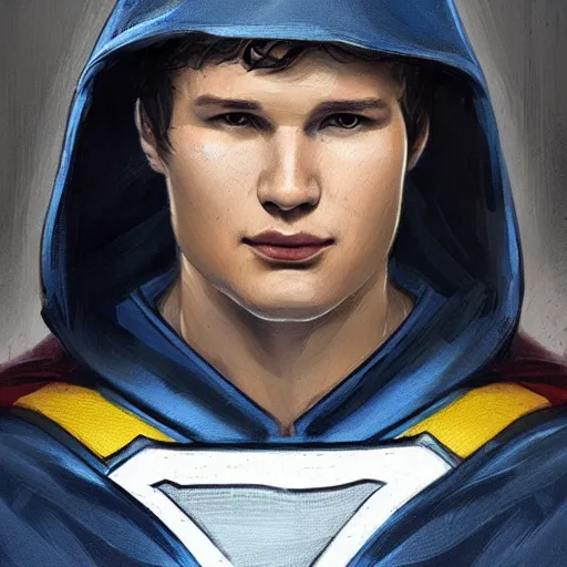 Image similar to portrait of a superhero by greg rutkowski, he looks like ansel elgort, he is wearing a blue and white kevlar gear with a cape, highly detailed portrait, digital painting, artstation, concept art, smooth, sharp foccus ilustration, artstation hq