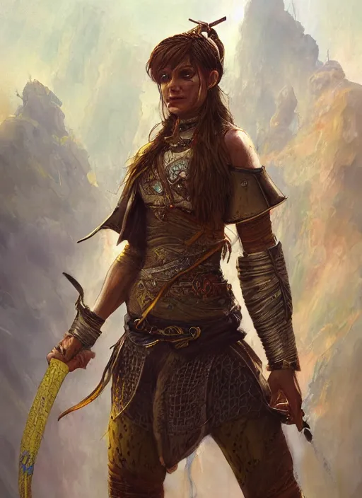 Prompt: highly detailed painting of a cleric warrior woman by jon foster, high fantasy, tropical colors trending on artstation