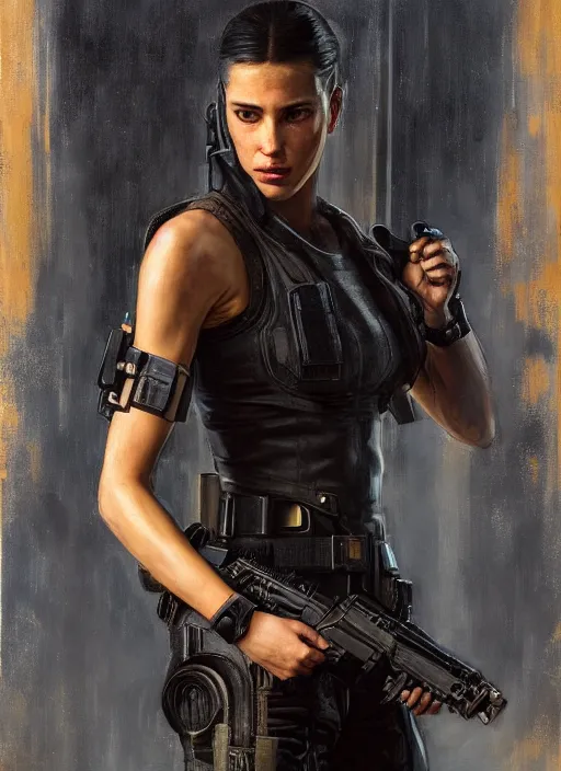 Image similar to 🤸🏿♀. cyberpunk mercenary in a military vest ( blade runner 2 0 4 9, cyberpunk 2 0 7 7 ). orientalist portrait by john william waterhouse and james gurney and theodore ralli and nasreddine dinet, oil on canvas. cinematic, hyper realism, realistic proportions, dramatic lighting, high detail 4 k