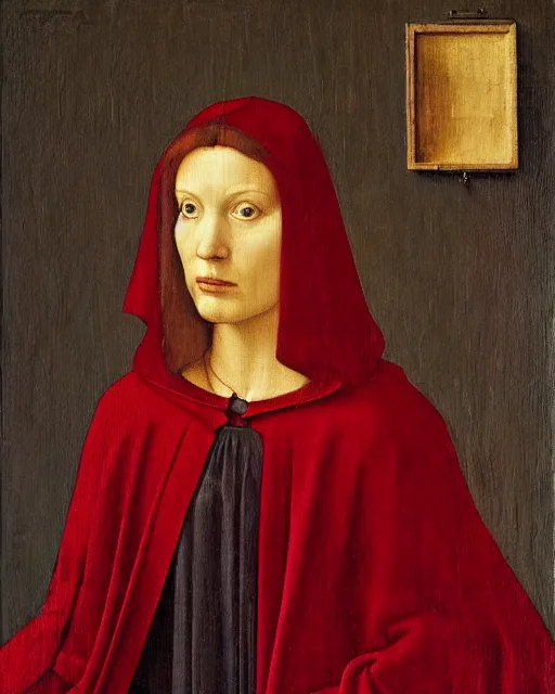 Image similar to a painting of a woman in a red cloak, a flemish baroque by antonello da messina, behance, pre - raphaelitism, da vinci, pre - raphaelite, dutch golden age