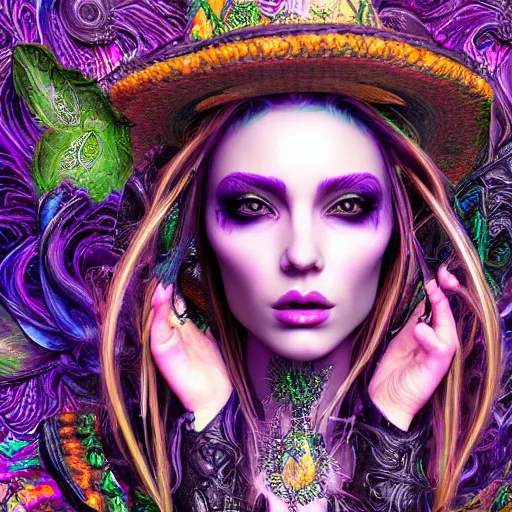 Prompt: psychadelic witch, beautiful face, hyper detailed, flowing psychadelic background intricate and detailed, ornate 8 k gorgeous intricate detailed, octane render