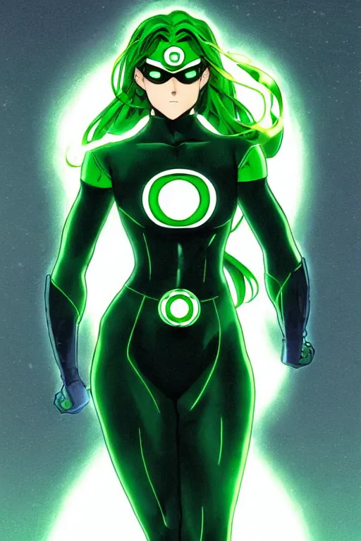 Image similar to anime key visual of a beautiful young female green lantern!! intricate, green and black suit, glowing, powers, dc comics, cinematic, stunning, highly detailed, digital painting, artstation, smooth, hard focus, illustration, art by artgerm and greg rutkowski and alphonse mucha