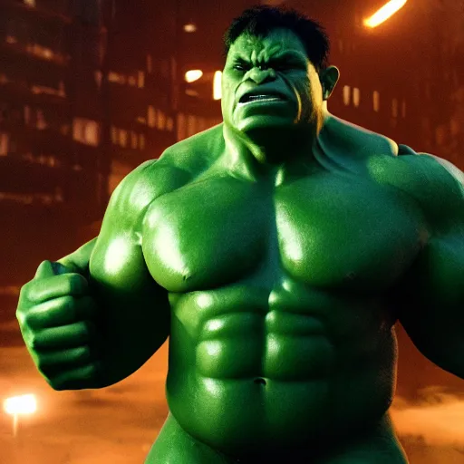 Image similar to Harvey Price as The Hulk, cinematic, photorealistic, movie still, 8k