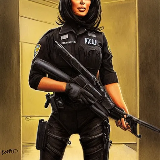 Image similar to kim kardashian as a cop, police uniform, full body view, full pov, haunted house interior, pretty, aesthetic, dust molecules, matte detailed photo, DeviantArt, Artstation, by donato giancola, ralph horley, loish, cinematic lighting