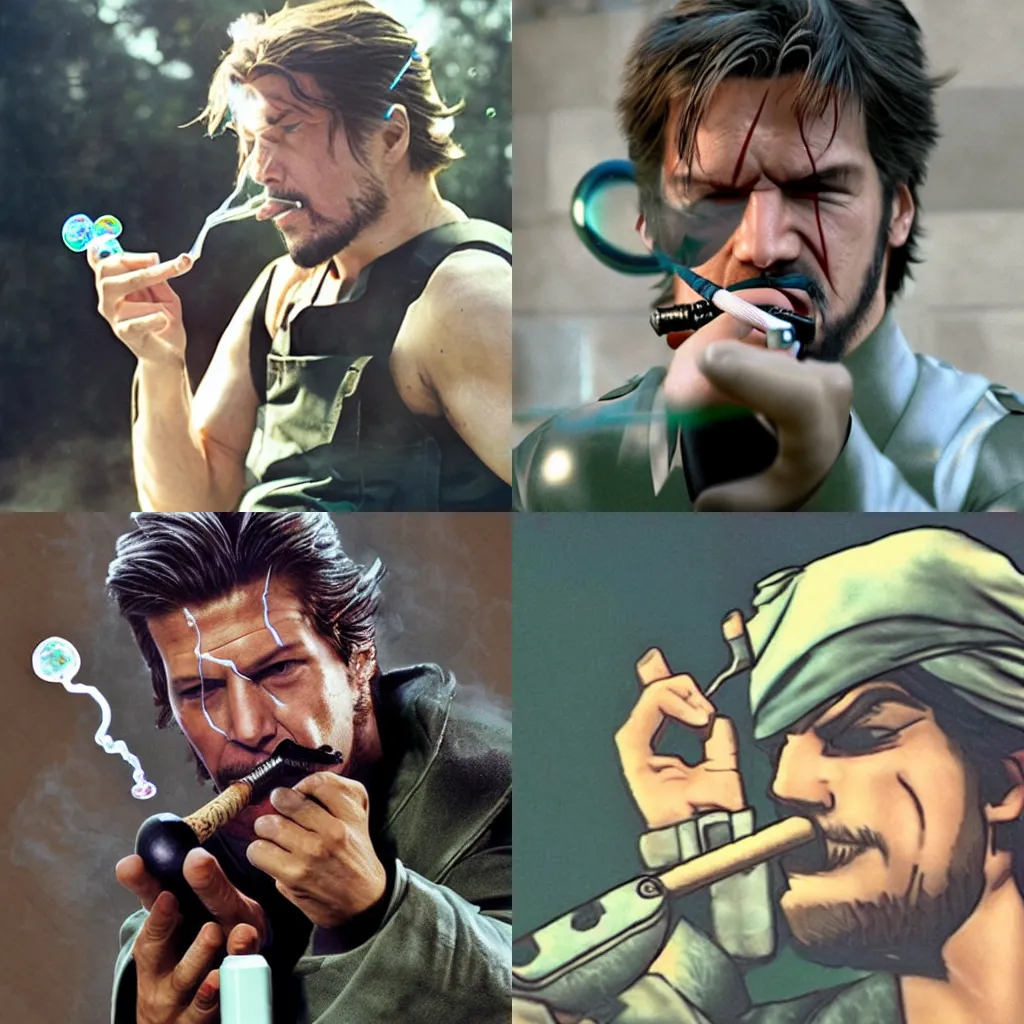 Prompt: Solid Snake smoking a pipe blowing bubbles, photograph