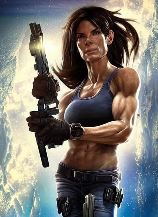 Image similar to muscled Sandra Bullock as Lara Croft as a ruggedly handsome heroine looking directly into the camera, jumping off a glowing artifact lodged in shallow blue glowing water, intricate, elegant, highly detailed, artstation, concept art, smooth, sharp focus, illustration, bokeh art by artgerm and donato giancola and Joseph Christian Leyendecker, WLOP, fireflies, distant snowstorm and thunder