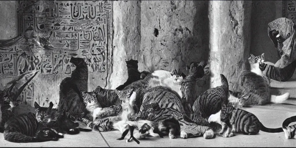 Image similar to a great old black and white photo from ancientt egypt, mischivious cats knock things off the table and annoy the pharoah who is sulking with head in hands, other cats knock vases over, funny and silly, weird and odd, historic look, film grain