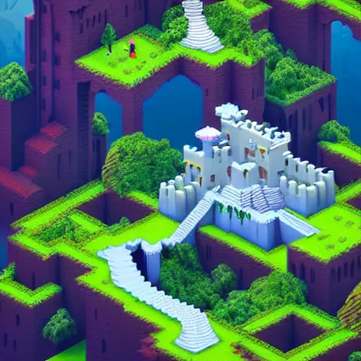 Prompt: a stunning minimalist isometric view of a fantasy castle deep within a vast cave, spiralling waterfalls and beautiful plants, intricate details, voxel art in the style of monument valley