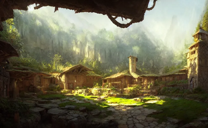 Image similar to painting of a series of opposing living quarters overlooking communal area carved into a mountain, lush garden with hot spring between, cozy bed, well maintained, clean, medieval, fantasy genre, natural light, fantasy, natural light, concept art, by greg rutkowski and craig mullins, cozy atmospheric and cinematic lighting, trending on artstation