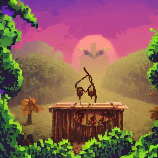 Prompt: cool video game key frame pixel art of a witchdoctor in an overgrown jungle hut with a skull on the table. vines and flowers. a matte digital painting, epic composition, god rays, vivid tones :