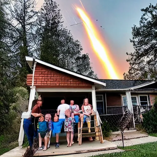 Prompt: A family on their front porch watching the explosive impact of a meteorite into the distant mountains. Comet, Meteor, apocalypse, shockwave, total and absolute destruction