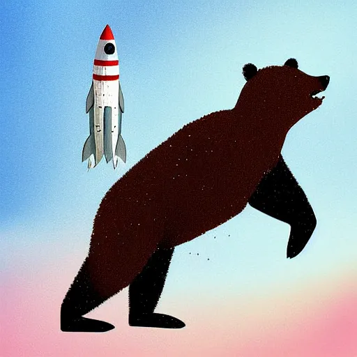 Prompt: a bear running to catch a rocket ship that already launched, digital painting