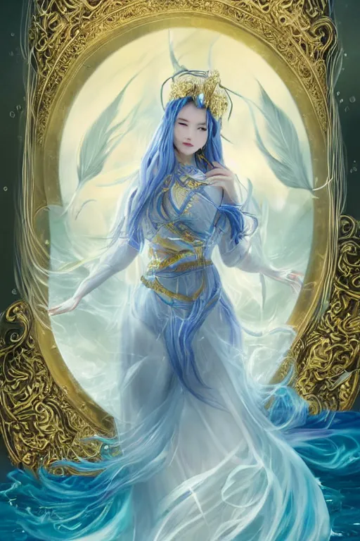 Image similar to a beautiful young Asian woman, Queen of the Sea Mu Yanling, long flowing white hair, blue and yellow robe with wide feather like quality, water flowing and floating around, young female face, liquid magic, cinematic top lighting, insanely detailed and intricate, face by wlop, Charlie Bowater, golden ratio, symmetrical proportions, elegant, ornate, luxury, elite, matte painting, MTG, magic the gathering, trending on artstation, cinematic, cgsociety, 8k, high resolution,