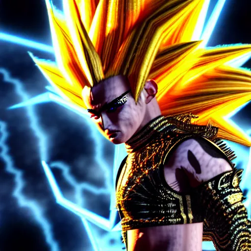 Image similar to uhd photorealistic detailed image of max current, the rock and roll emperor, dressed as super saiyan emperor, powering up, wearing extremely intricate hair metal costume and makeup, by ayami kojima, amano, and karol bak