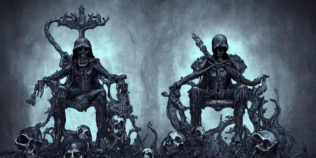 Image similar to Grim reaper sitting on a throne made of skulls, wide shot, digital art, fantasy, concept art, highly detailed, dark colors, blue tint,