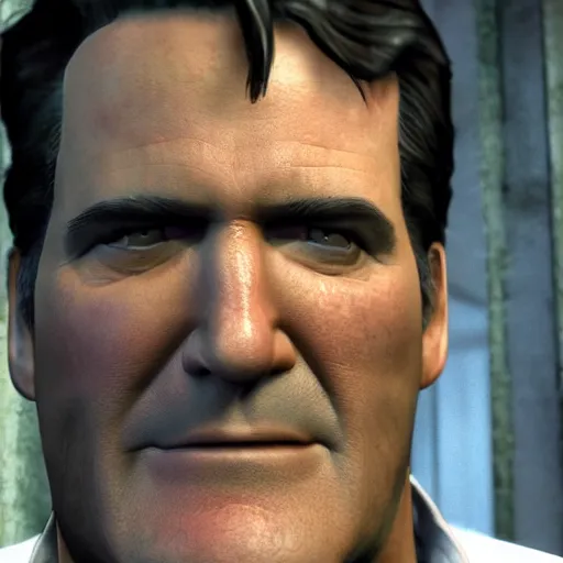 Image similar to a screenshot of bruce campbell in resident evil. 3 d rendering. unreal engine. amazing likeness. very detailed. cartoon caricature