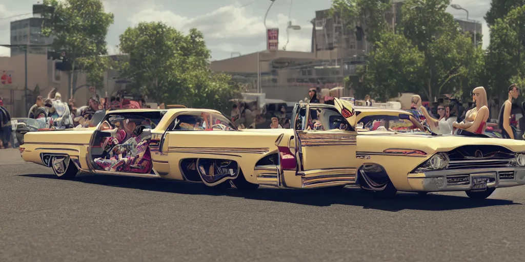 Image similar to highly detailed photo of an award winning lowrider, cruising at a car show, car bounce, air suspension, fan girls, 8 k, octane render, unreal engine, ue 5, photoshop, maya, ray tracing