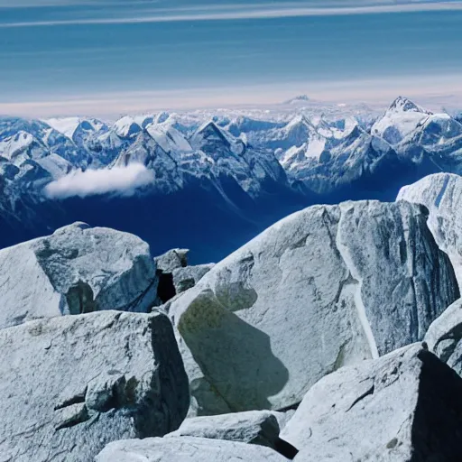 Image similar to stonehenge at the top of everest, with pyramids visible at the horizon