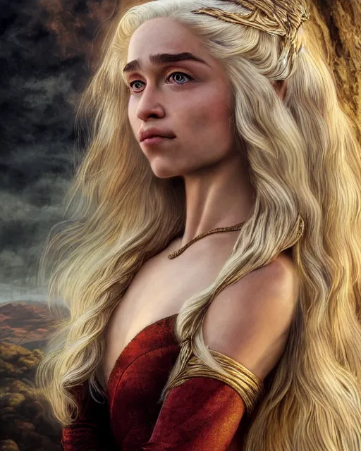 Image similar to closeup portrait of happy beautiful daenerys targaryen leaning against dragons, long blonde windblown hair and dragonskin armor, standing on a ledge of a mountain, glamour pose, detailed illustration, digital art, trending on artstation, soft ambient lighting, volumetric lighting, rim lighting, yoshitaka amano, daniel merriam, alphonse mucha, arney freytag