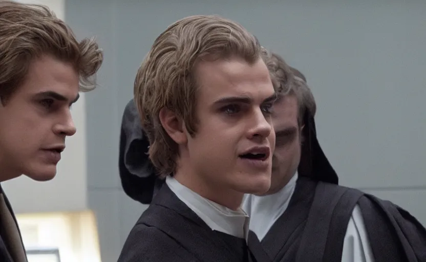 Image similar to anakin skywalker played by hayden christensen in jedi robes talking to a lawyer saul goodman suit in court, us court, better call saul scene 1 0 8 0 p, court session images, realistic faces