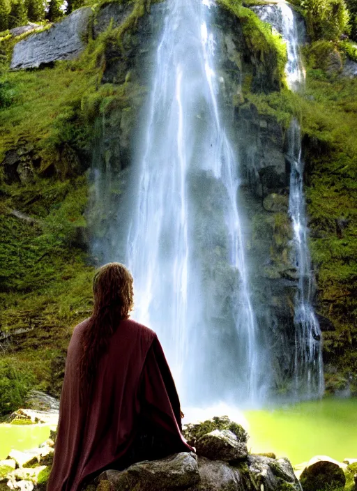 Prompt: wizard sitting next to waterfall in the mountains, trending on deviantart, lord of the rings, detailed