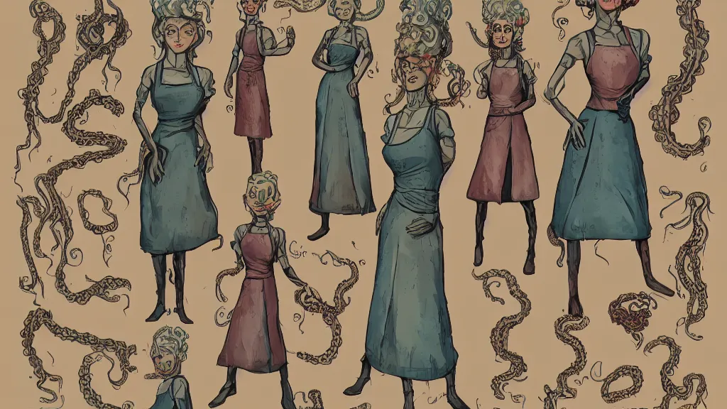 Image similar to aged paper, colorful character sheet for a stocky alien extraterrestrial female servant maid with thick snake - like tentacles instead of hair, long dress with apron, retrofuture, 7 0 s science fiction, coherent, illustration, digital art, trending on artstation, hd, 8 k, good lighting, beautiful, rough paper, masterpiece