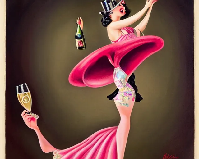 Image similar to a 1 9 3 0 s cancan dancer with a big bottle of champagne in art deco style, nicoletta ceccoli, mark ryden, lostfish, max fleischer, hyper realistic, artstation, illustration, digital paint, matte paint, vivid colors, bright, cheerful, detailed and intricate environment