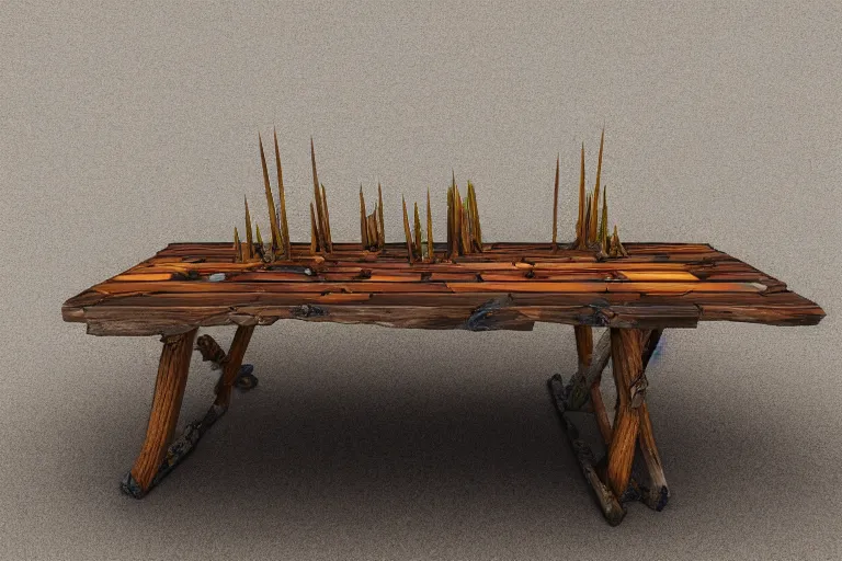 Image similar to a rustic rectangle wooden table with spikes sticking out of it. artstation highquality 4k