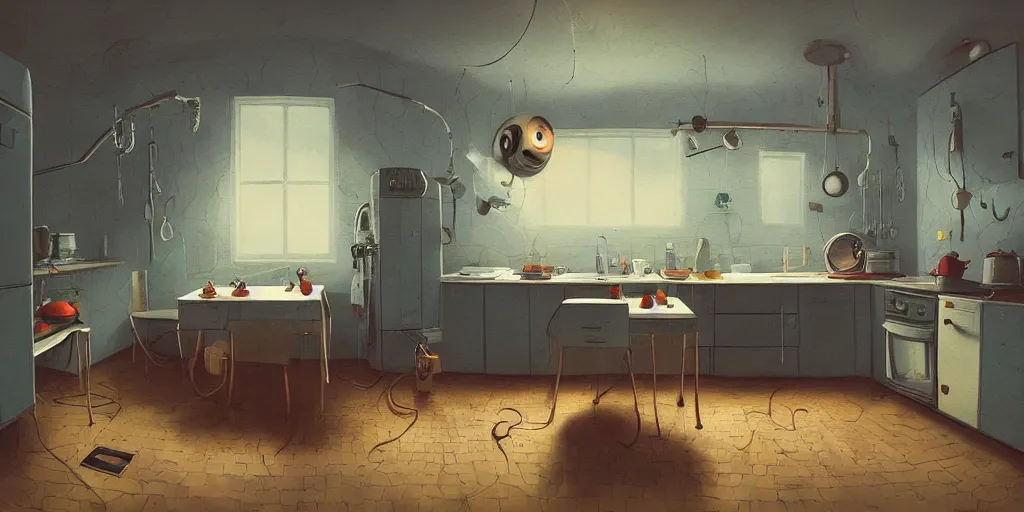 Prompt: minimalistic kitchen dim lit by a candle simon stalenhag gerald brom, fisheye camera, extreme perspective