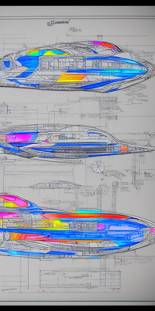 Image similar to blueprint of a spaceship, technical draw, concept art, extreme detail, 3 5 mm, colorful, nyan colors