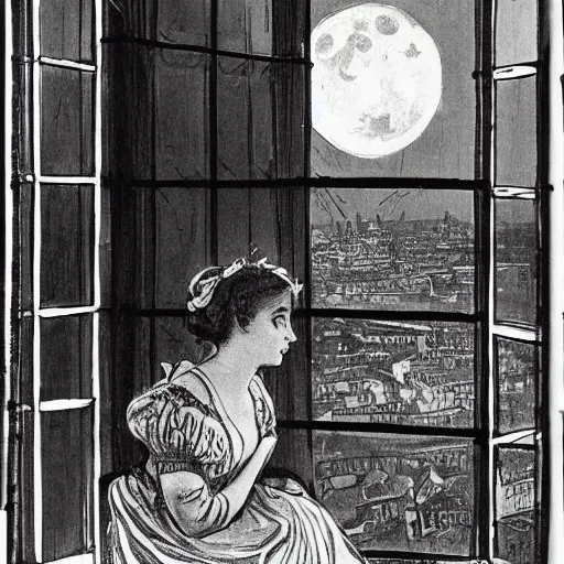 Image similar to a young edwardian woman sits in a window overlooking paris with the eiffel tower visible in the background, the moon is behind the eiffel tower, it's nighttime, in the style of Carl Larsson