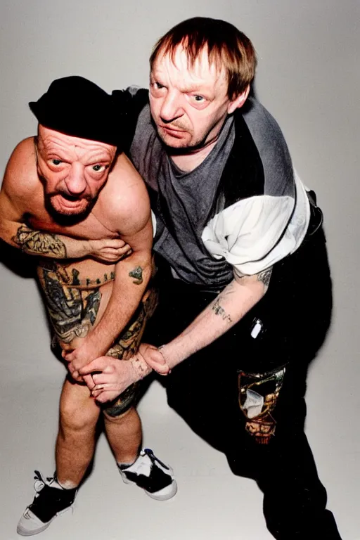 Image similar to Mark E Smith from The Fall strangling Fred Durst from Limp Bizkit